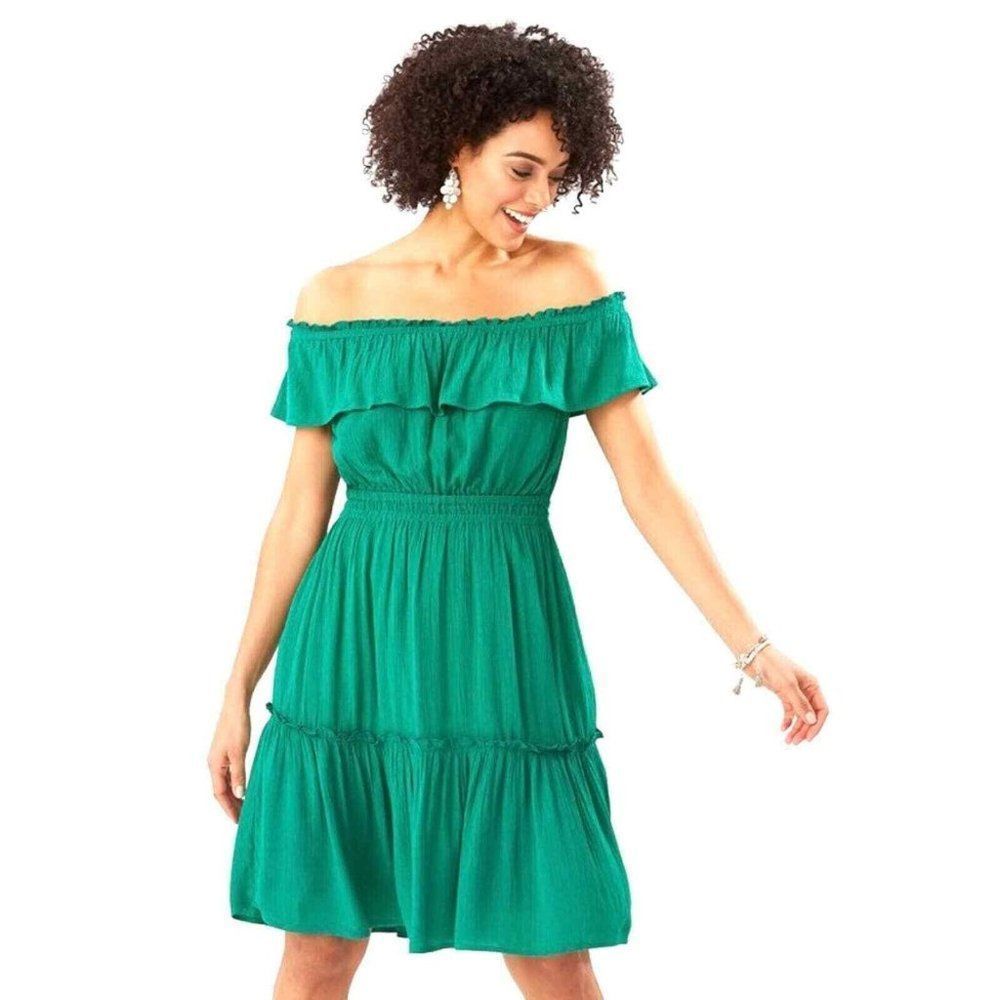 Tommy Bahama Dress Caicos Crinkle Off-the-Shoulder Summer Vacation Teal SZ L